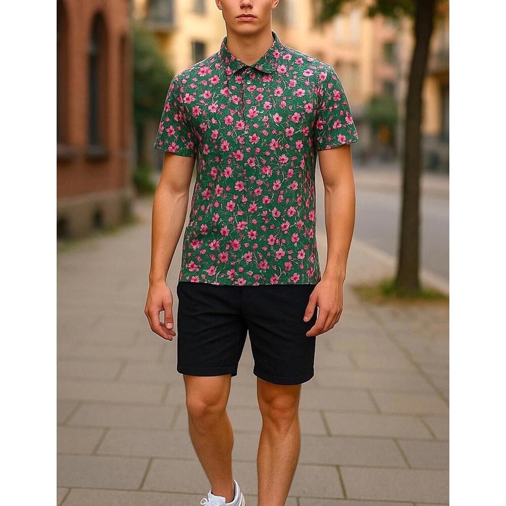 1764 Men’s Floral Print Stretch Short Sleeve Golf Polo Shirt Medium